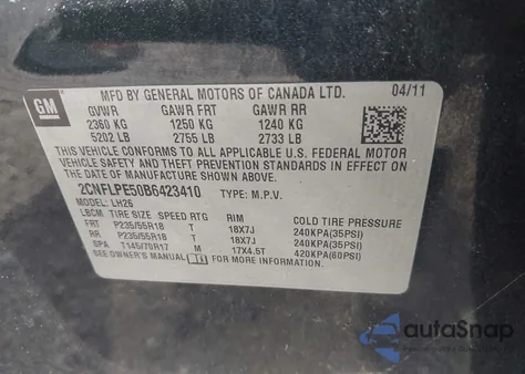 2011 Chevrolet Equinox 2Lt из США, поврежденный, VIN 2CNFLPE50B6423410